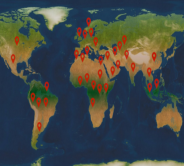 Image of a world map, with the locations we have delivered to marked with a red pointer.